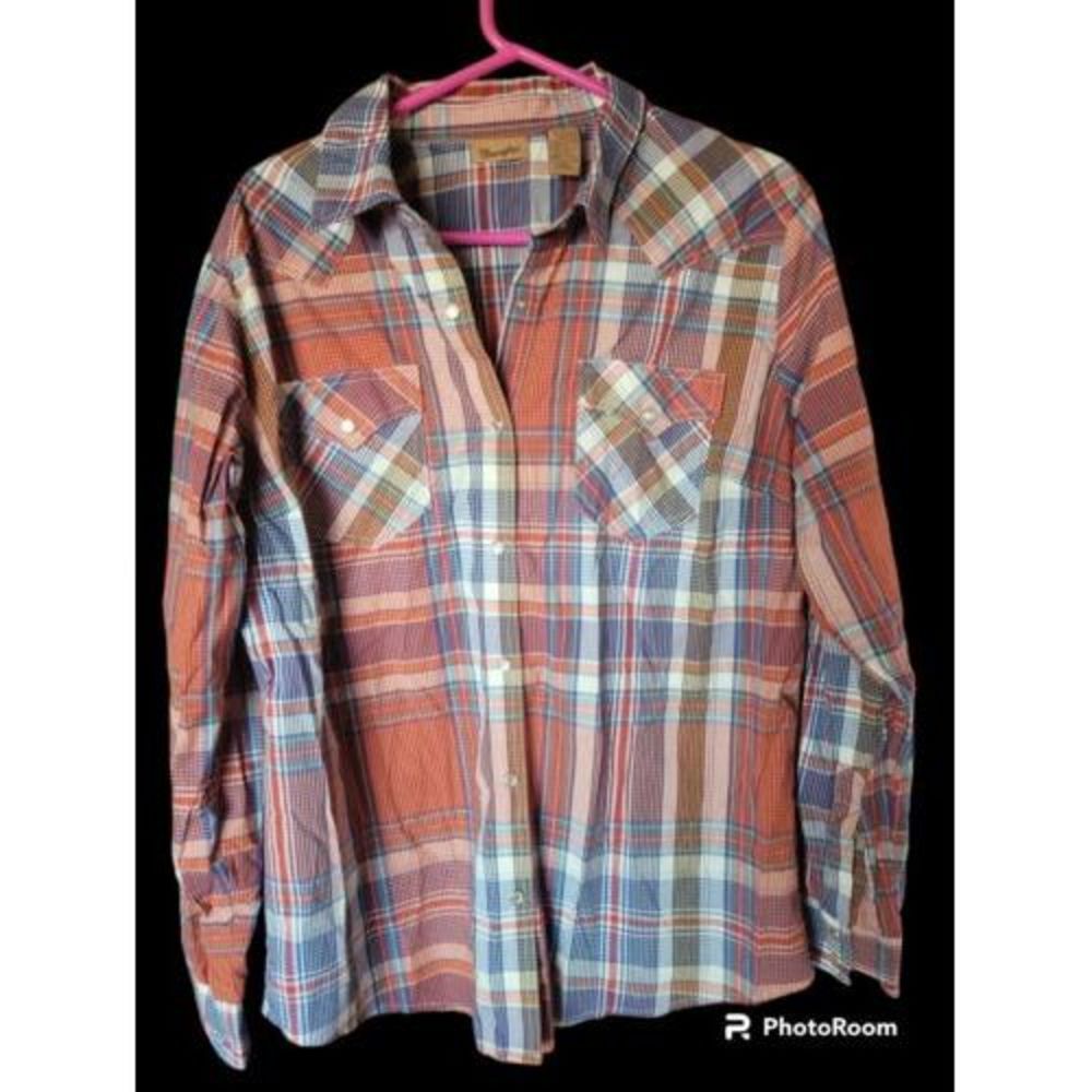 Wrangler Shirt Mens XL Pearl Snaps Burnt Orange, Blue‎ Plaid Long Sleeve Pockets